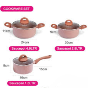 Latte Series Aluminum Non-Stick 6-Piece Cookware Set with Glass Lid and Induction Bottom in Beige Color - Image 2